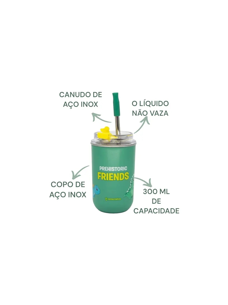 Copo Térmico Infantil Com Canudo De Inox Dinossauro - Zona Criativa - Arco Ìris