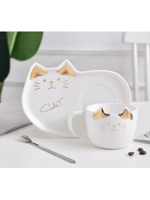imagem do produto Conjunto de caneca com pires e colher de Gato - Arco ìris