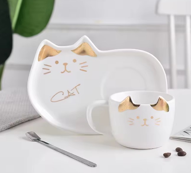 Conjunto de caneca com pires e colher de Gato - Arco ìris