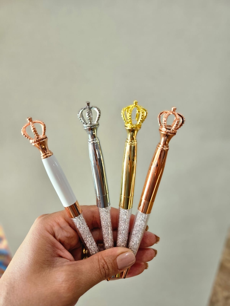 Caneta esferográfica com coroa superior de metal brilhante - Arco Iris