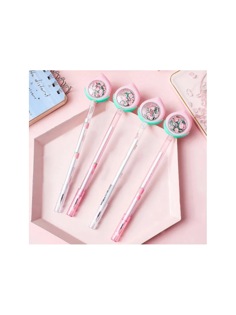 Caneta Gel Escrita Preta Ponta Fina Fofa Pêssego - Arco Iris