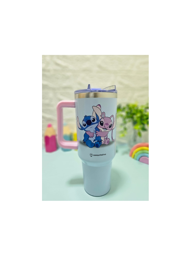 CANECÃO STITCH E ANGEL TÉRMICO COM CANUDO + PIGENTE - Zona Criativa - Arco Iris