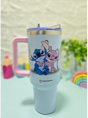 imagem do produto CANECÃO STITCH E ANGEL TÉRMICO COM CANUDO + PIGENTE - Zona Criativa - Arco Iris