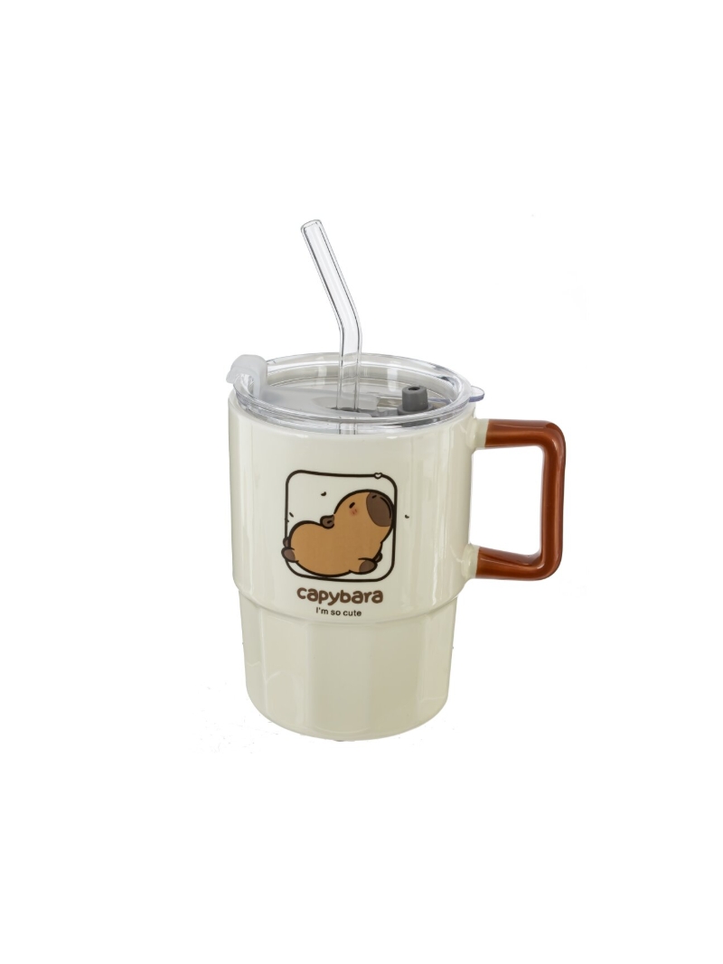 Caneca cerâmica com tampa e canudo de vidro  440 ml - Arco Iris