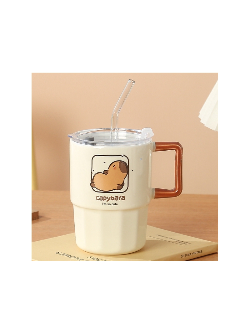 Caneca cerâmica com tampa e canudo de vidro  440 ml - Arco Iris