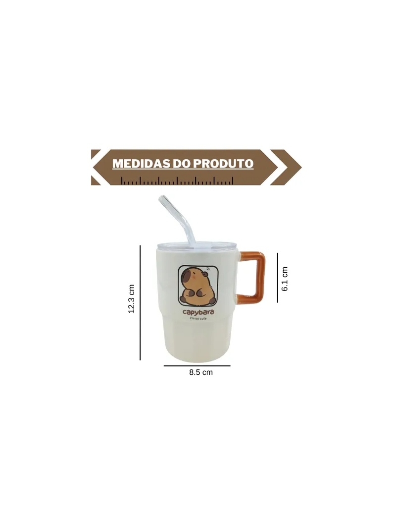 Caneca cerâmica com tampa e canudo de vidro  440 ml - Arco Iris