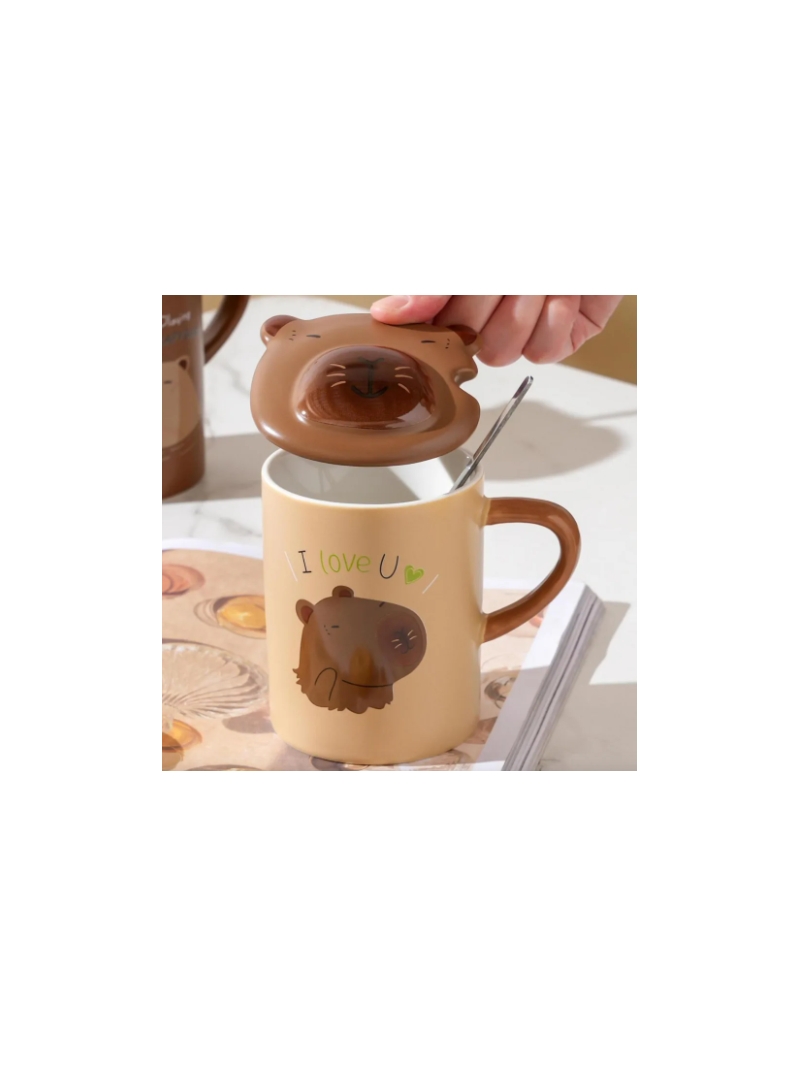 Caneca de cerâmica fofa em formato de capivara com tampa e colher - Arco Iris