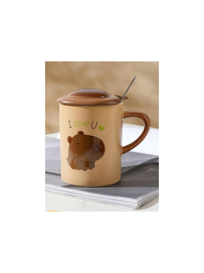 Caneca de cerâmica fofa em formato de capivara com tampa e colher - Arco Iris