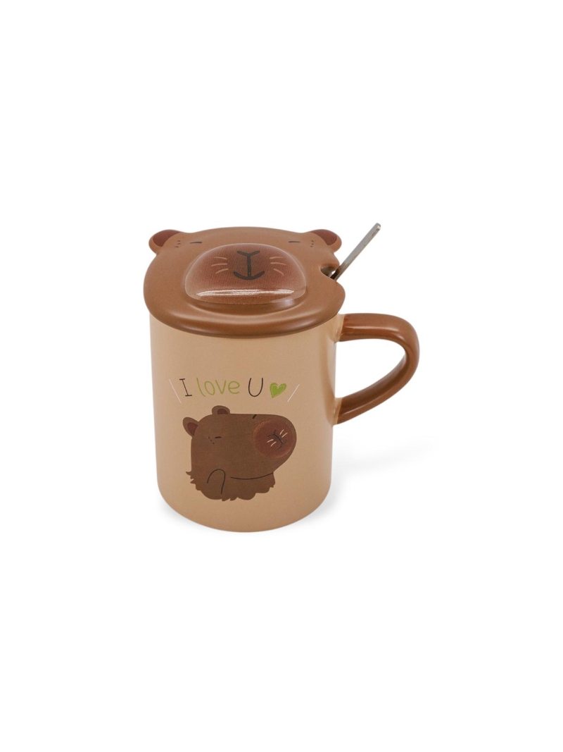 Caneca de cerâmica fofa em formato de capivara com tampa e colher - Arco Iris
