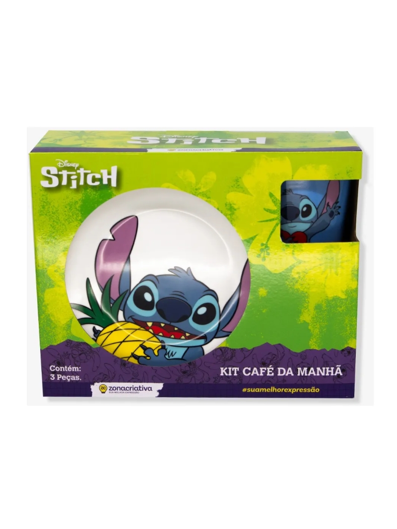 Kit 3 Peças Prato Bowl Caneca Stitch Breakfast Café Da Manhã - Arco Iris