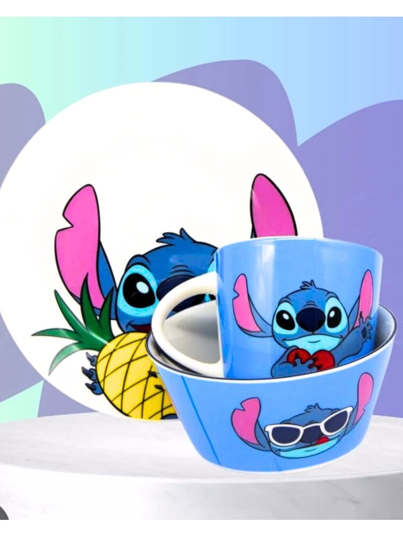 Kit 3 Peças Prato Bowl Caneca Stitch Breakfast Café Da Manhã - Arco Iris