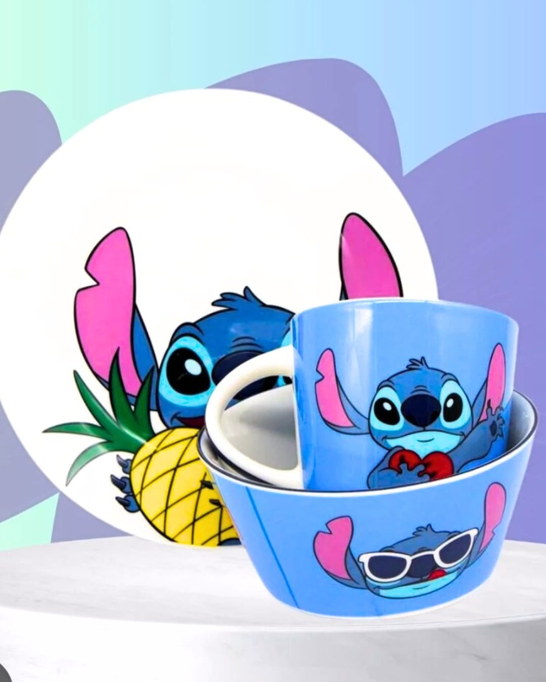 Kit 3 Peças Prato Bowl Caneca Stitch Breakfast Café Da Manhã - Arco Iris