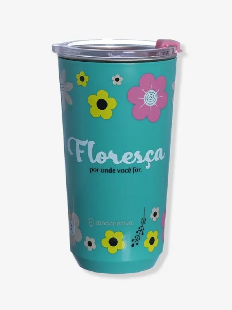 Copo C/ Tampa Amigas Floral 500ml em Aço Inox - Zona Criativa - Arco Iris