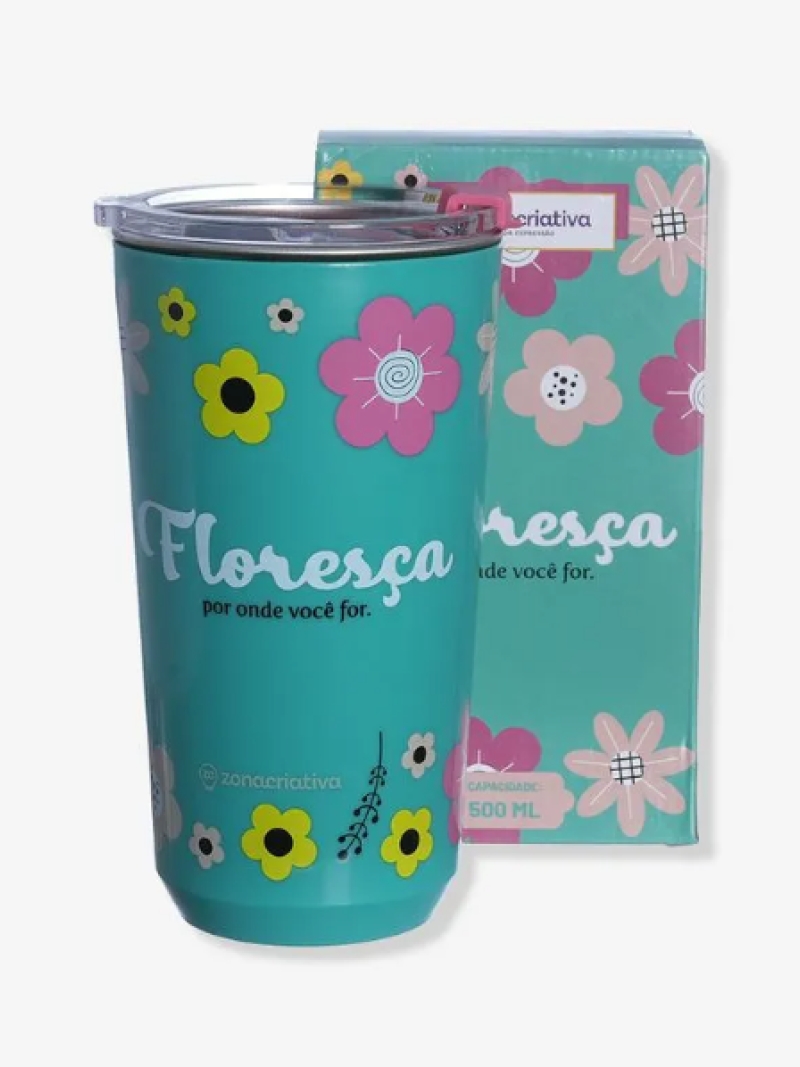 Copo C/ Tampa Amigas Floral 500ml em Aço Inox - Zona Criativa - Arco Iris