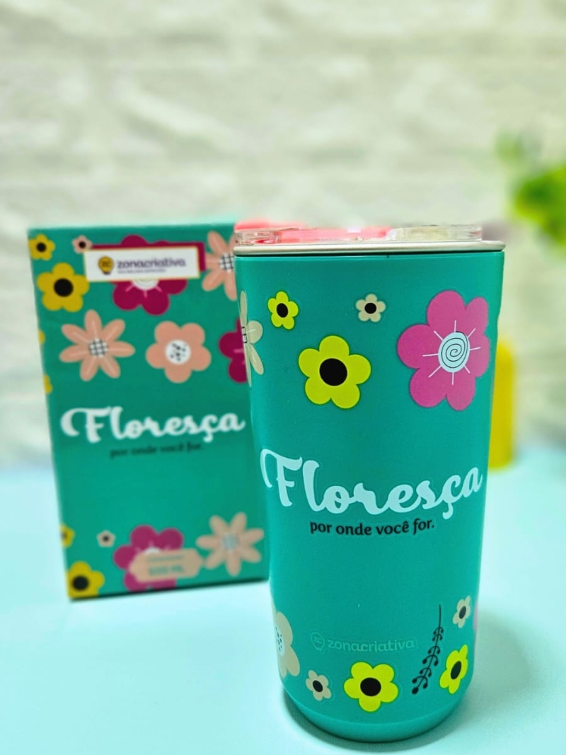 Copo C/ Tampa Amigas Floral 500ml em Aço Inox - Zona Criativa - Arco Iris
