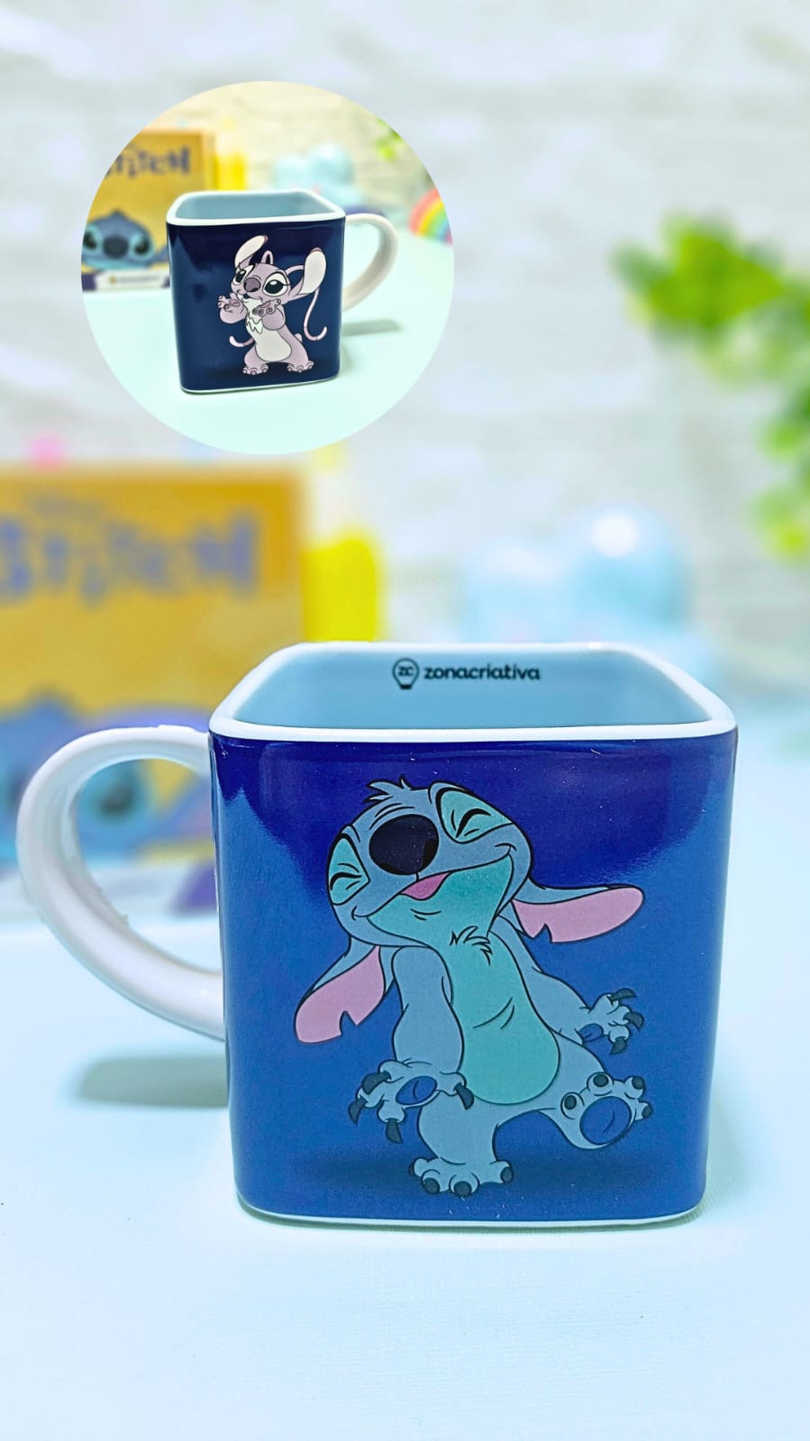 Caneca Cubo Stitch E Angel Disney Em Cerâmica 300Ml - Arco Íris