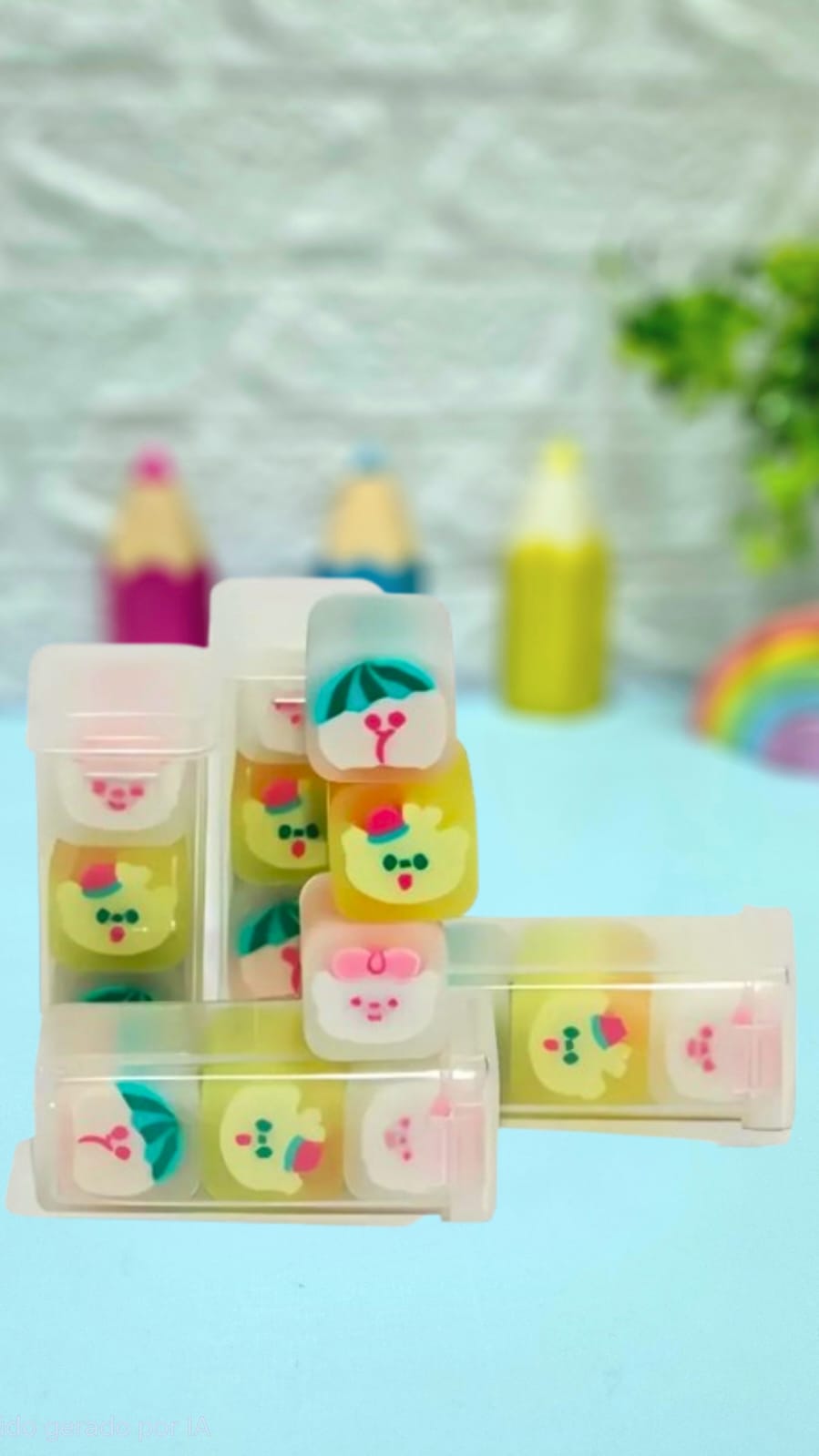 Potinho com 3 Mini Borrachinhas Ursinhos - Arco Iris