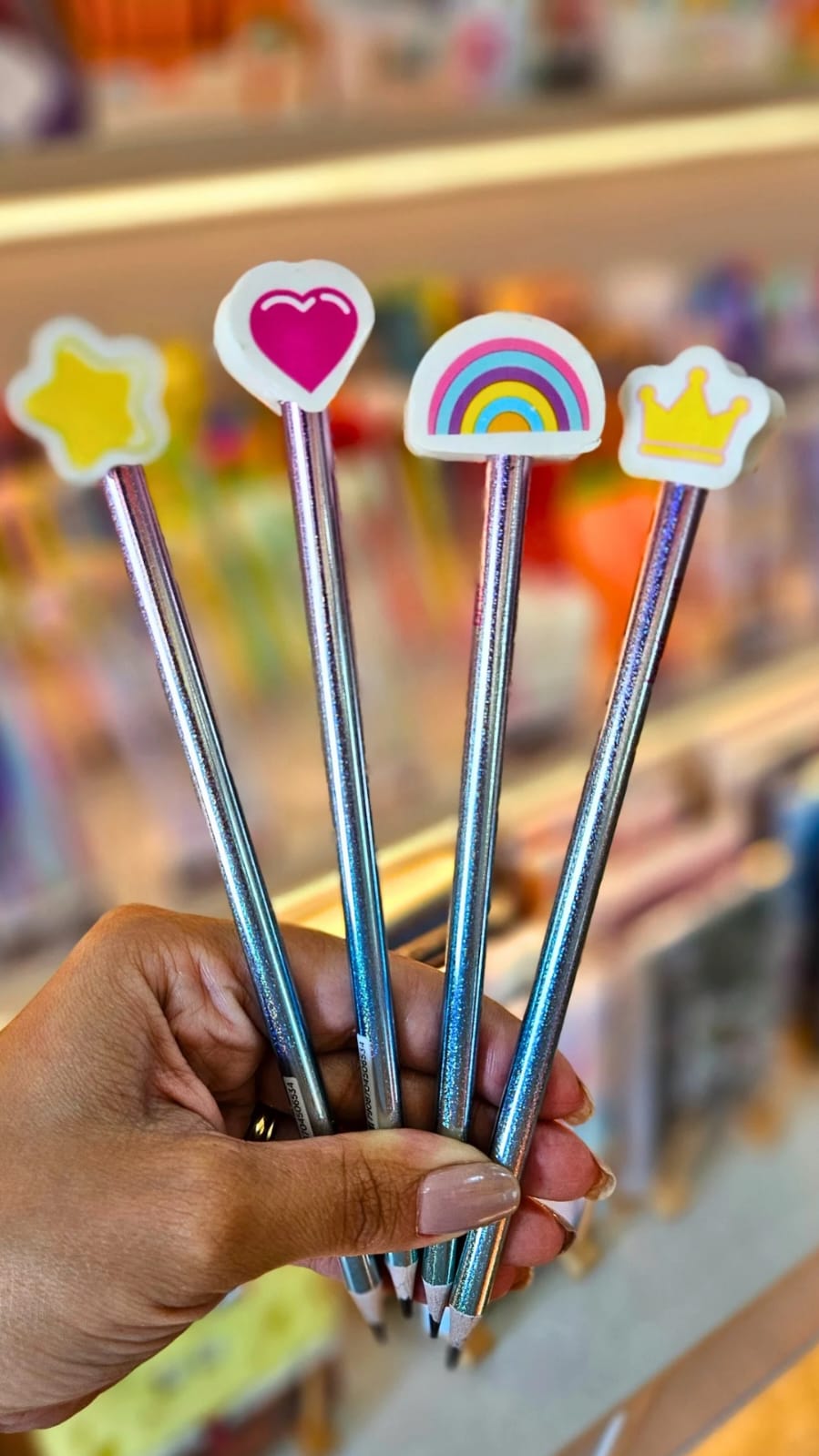  Lápis C/ Borracha Coroa, Coração, Estrela E Arco-íris
