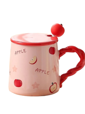 imagem do produto Caneca Charmosa de Cerâmica com Tampa e Colher – Estilo Maçã - Arco Iris