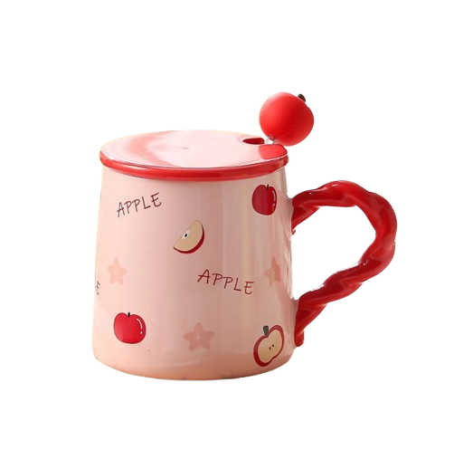 Caneca Charmosa de Cerâmica com Tampa e Colher – Estilo Maçã - Arco Iris