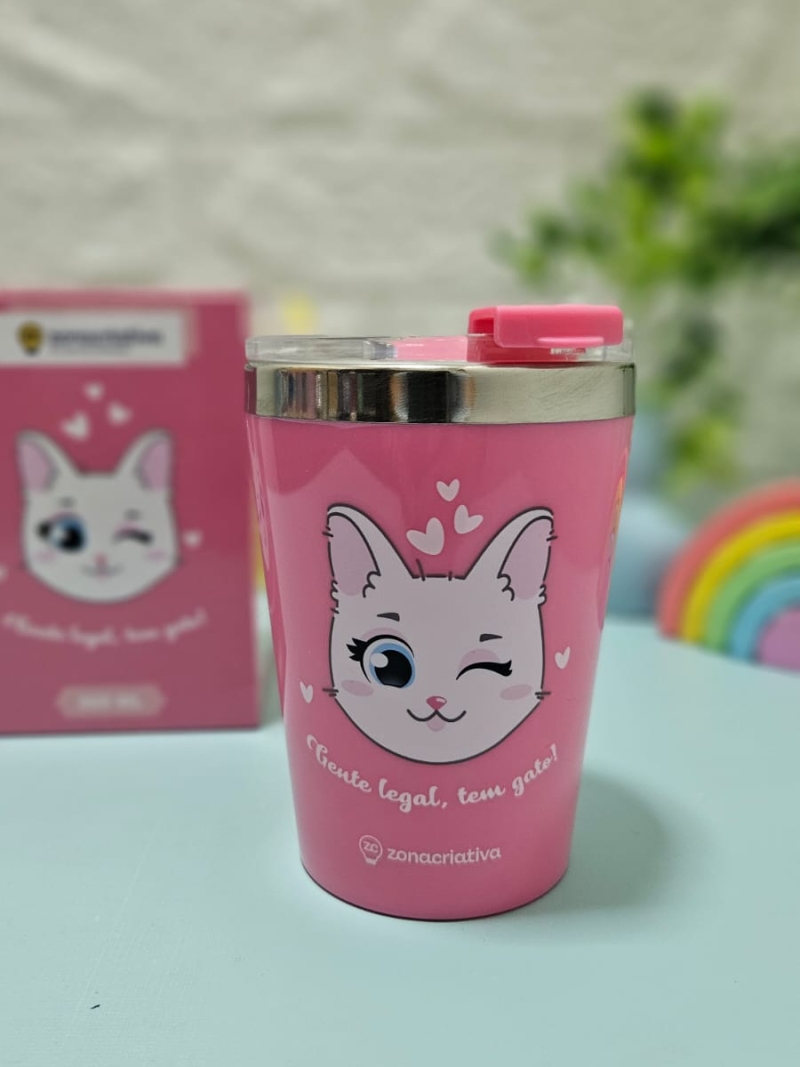 Copo Gente Legal Tem Gato Gata Cat Rosa Térmico 300ml - Zona Criativa - Arco Ìris