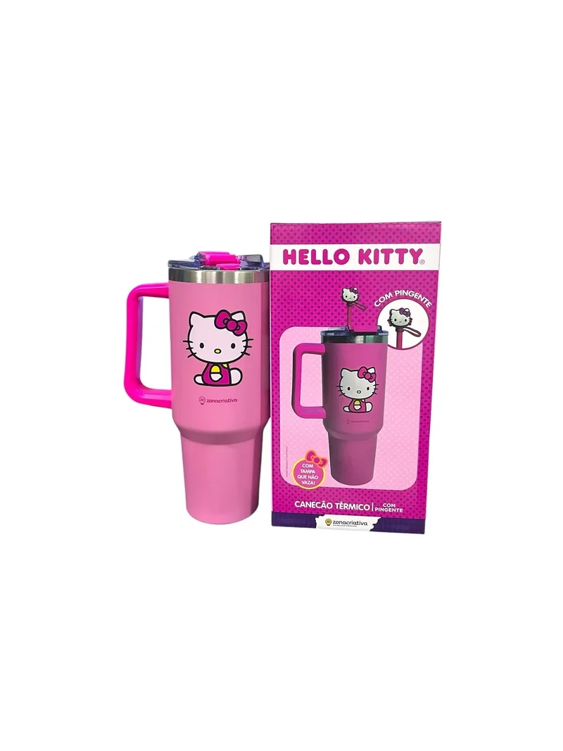 Canecão Térmico Inox 1,15l Com Canudo Pingente Hello Kitty - Zona Criativa - Arco Ìris