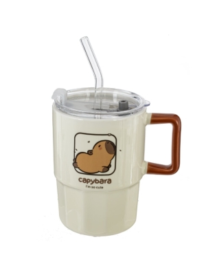 Caneca cerâmica com tampa e canudo de vidro  440 ml - Arco Iris