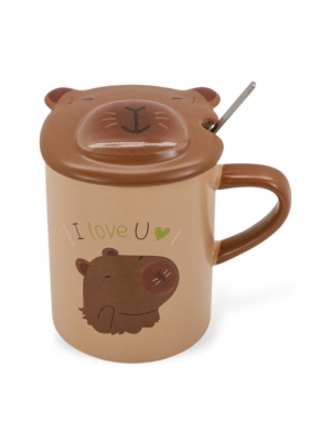 Caneca de cerâmica fofa em formato de capivara com tampa e colher - Arco Iris