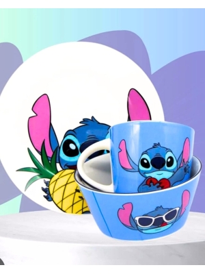 Kit 3 Peças Prato Bowl Caneca Stitch Breakfast Café Da Manhã - Arco Iris